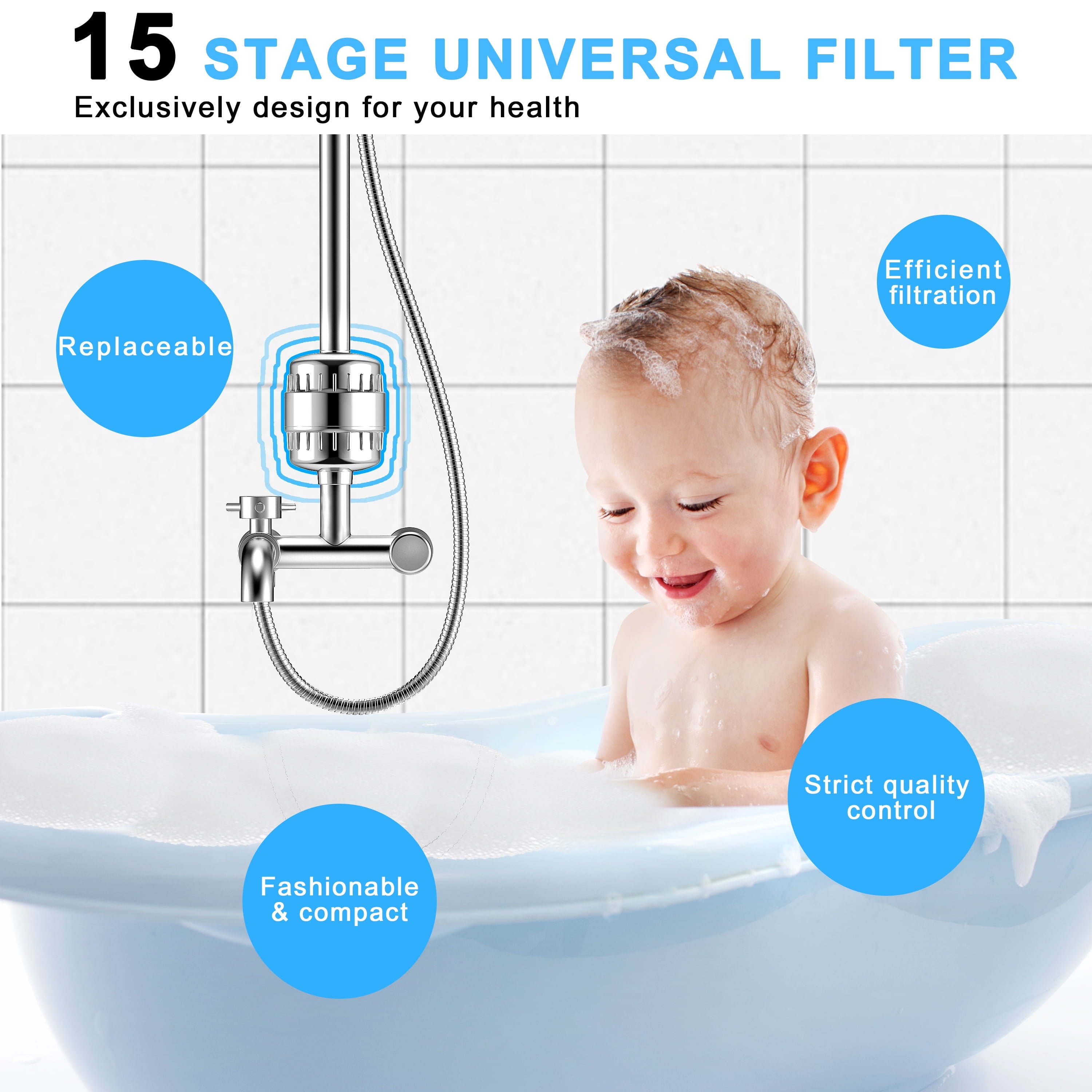 QSCQ Shower Filter 15 Stages High Output Shower Filter for Hard Water Universal Water Shower Filter Head with 2 Replaceable Shower Filter Cartridges,Reduces Dry Skin