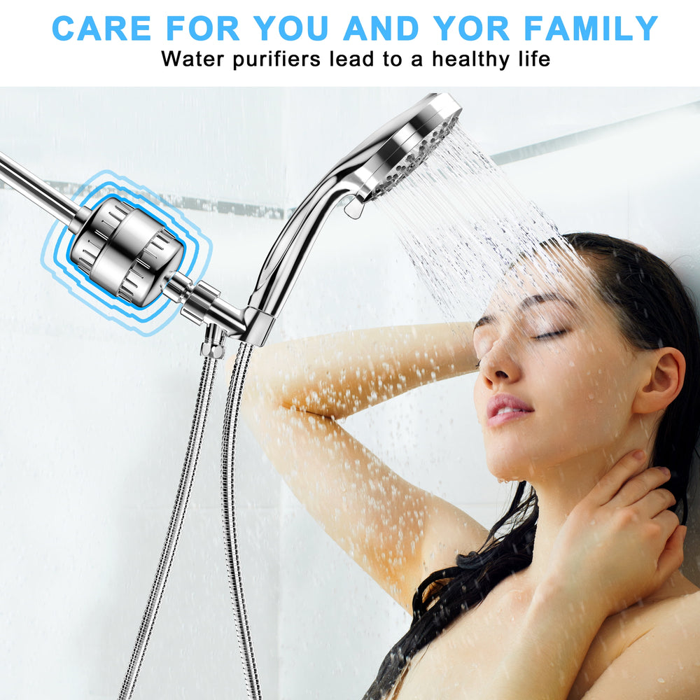 QSCQ Shower Filter 15 Stages High Output Shower Filter for Hard Water Universal Water Shower Filter Head with 2 Replaceable Shower Filter Cartridges,Reduces Dry Skin