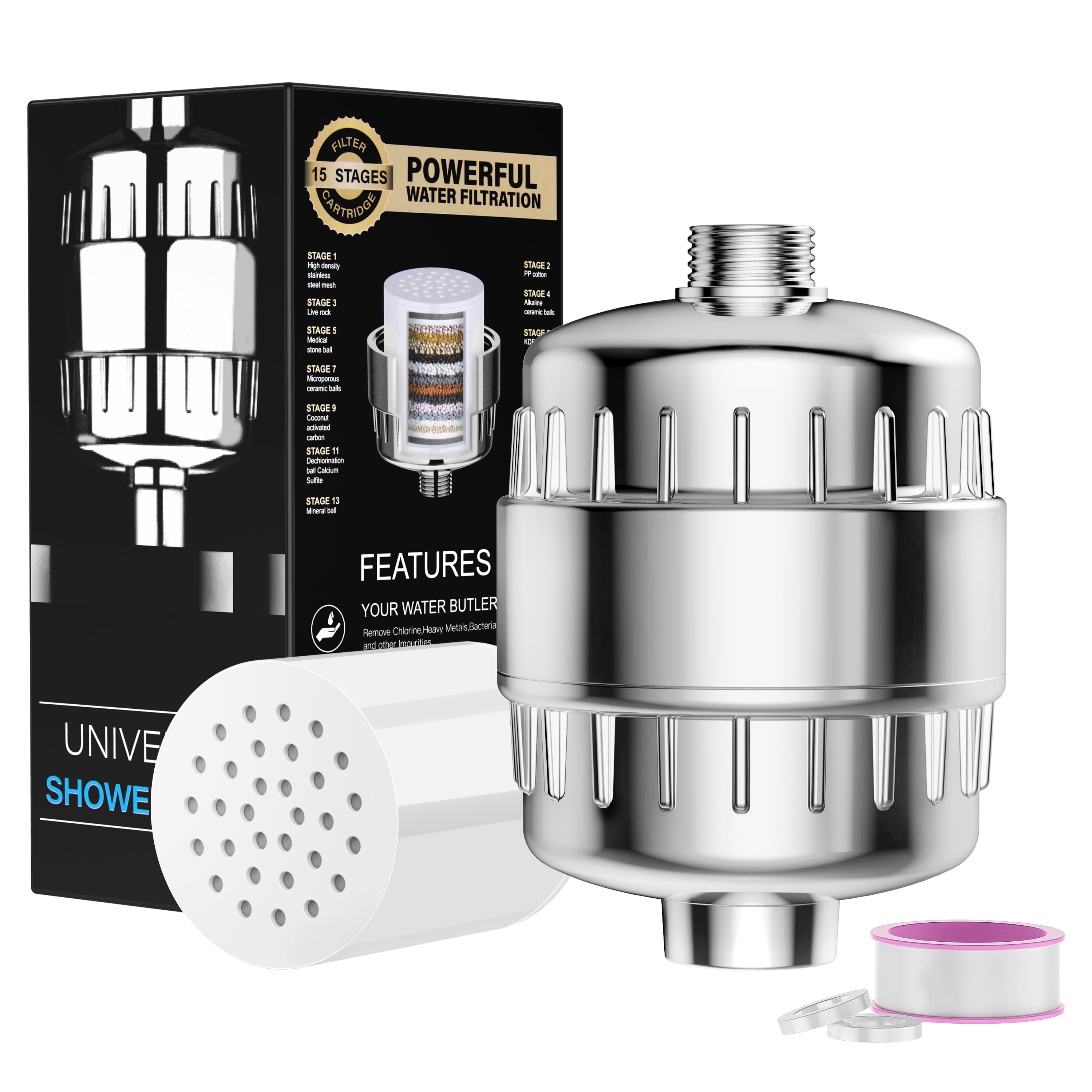 QSCQ Shower Filter 15 Stages High Output Shower Filter for Hard Water Universal Water Shower Filter Head with 2 Replaceable Shower Filter Cartridges,Reduces Dry Skin